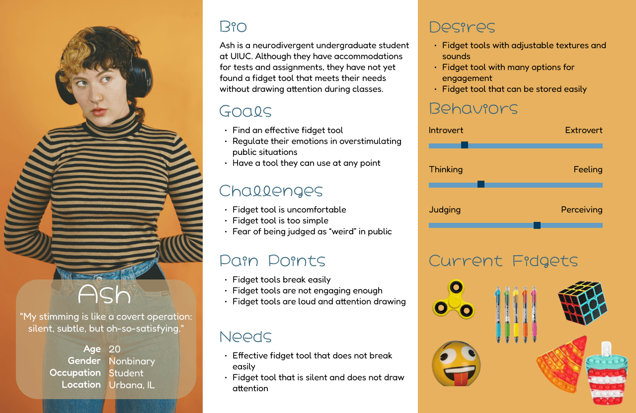 User persona, of a neurodivergent person named Ash who needs effective fidget tools that don't break easily and fidget tools that are silent