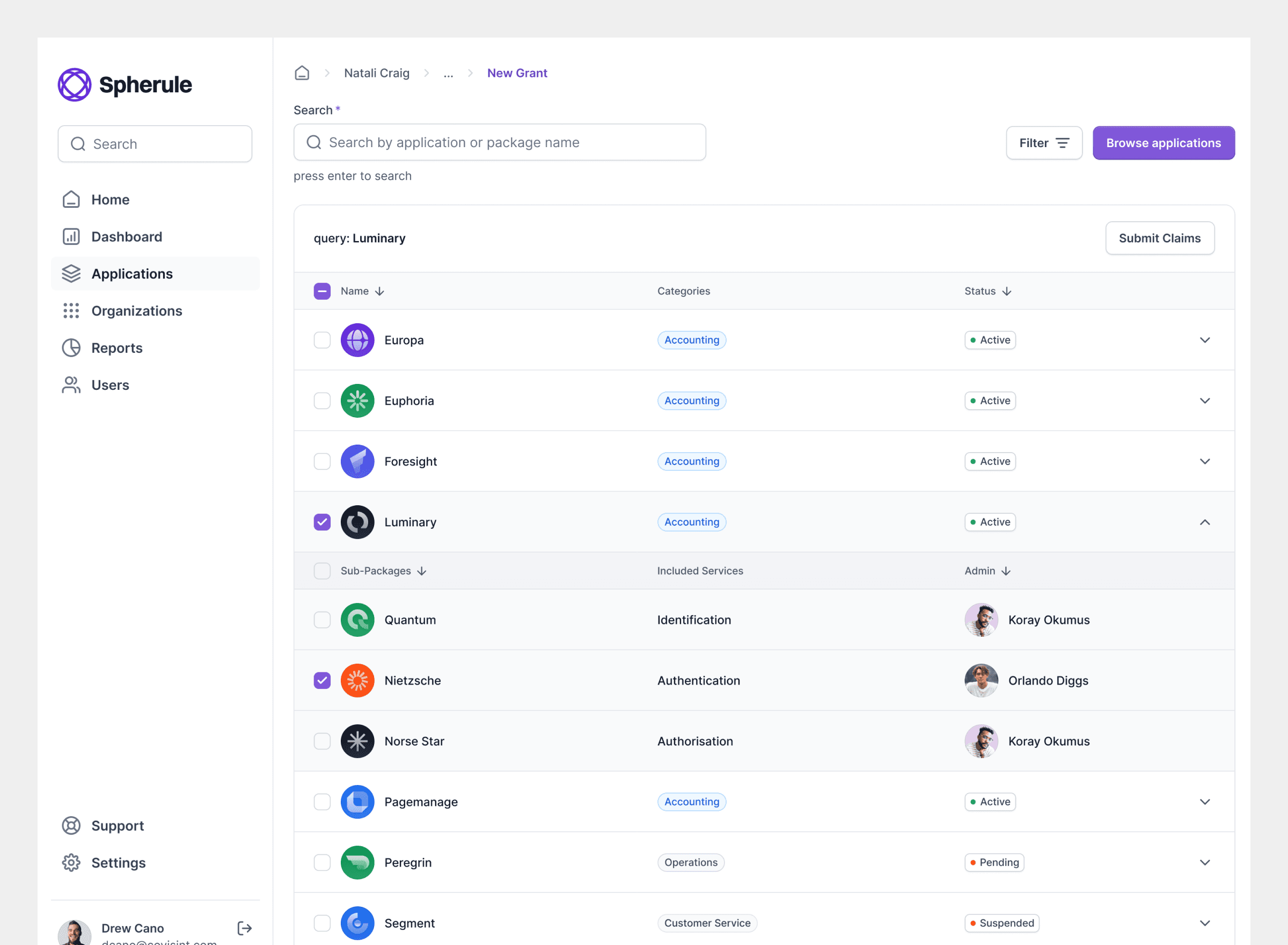 application search interface showing query results for "Luminary" returning Europa and Euphoria accounting apps with active statu