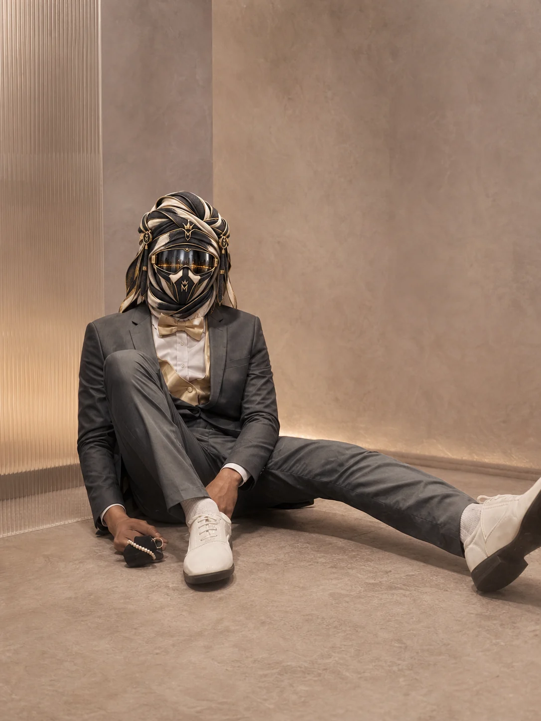 Seated mirror view of Elevator After Midnight, a dark evening ensemble with a light shirt and silver details, with the official Marzelest face covering.