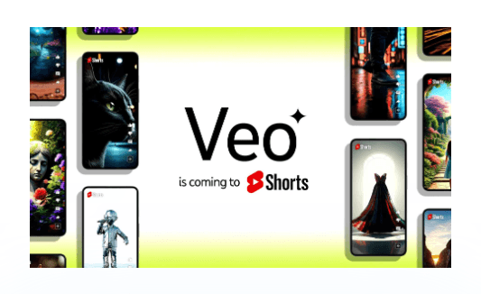 Veo AI logo with various vibrant AI-generated videos displayed on smartphones, highlighting Veo's integration into YouTube Shorts.