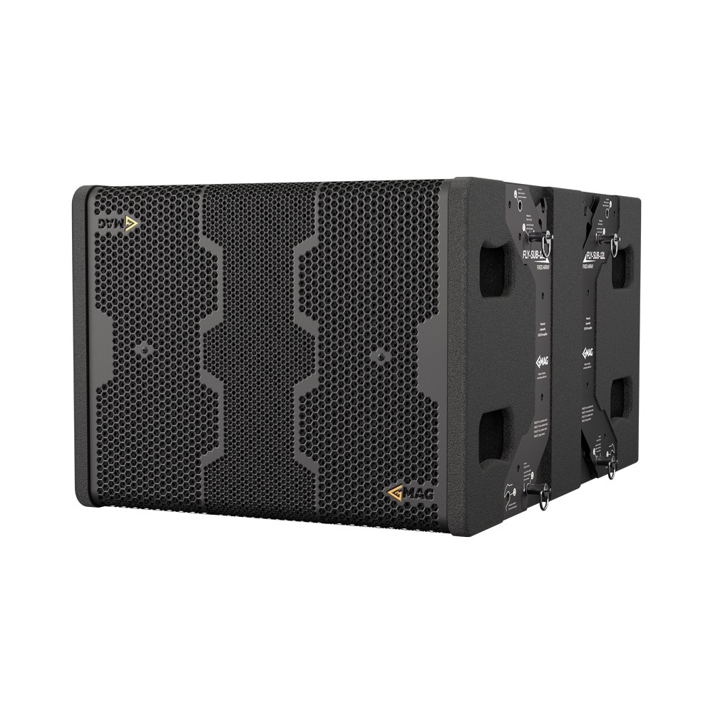 Two black MAG FLY-SUB-L subwoofers stacked.