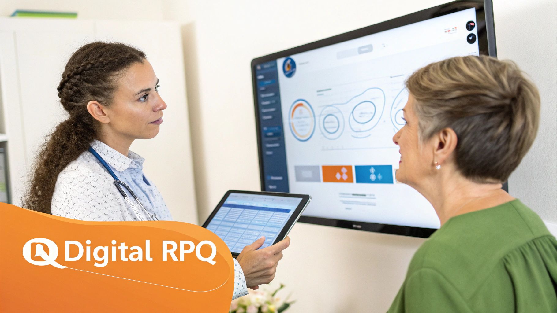 Healthcare professional and patient review medical data on a tablet and large wall display.