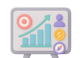 Presentation board with upward graph, target, and money icons