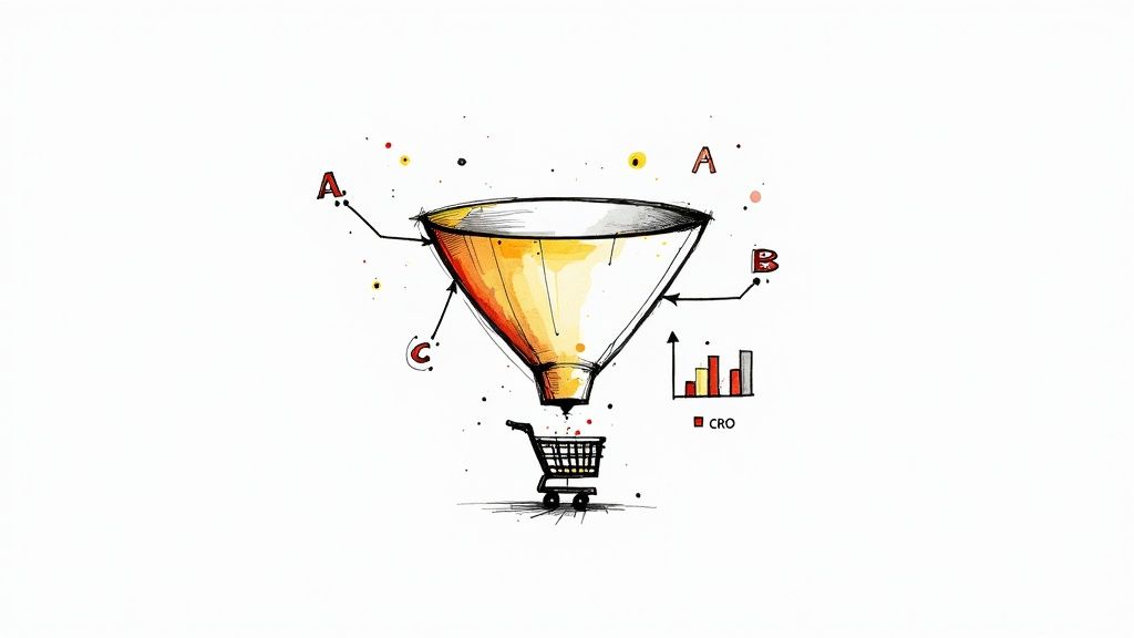 A hand-drawn sales funnel illustration in yellow and orange, leading to a shopping cart, with CRO chart.