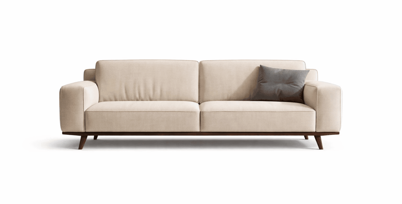 Three‑seater cream upholstered sofa with wide arms and tapered wooden legs