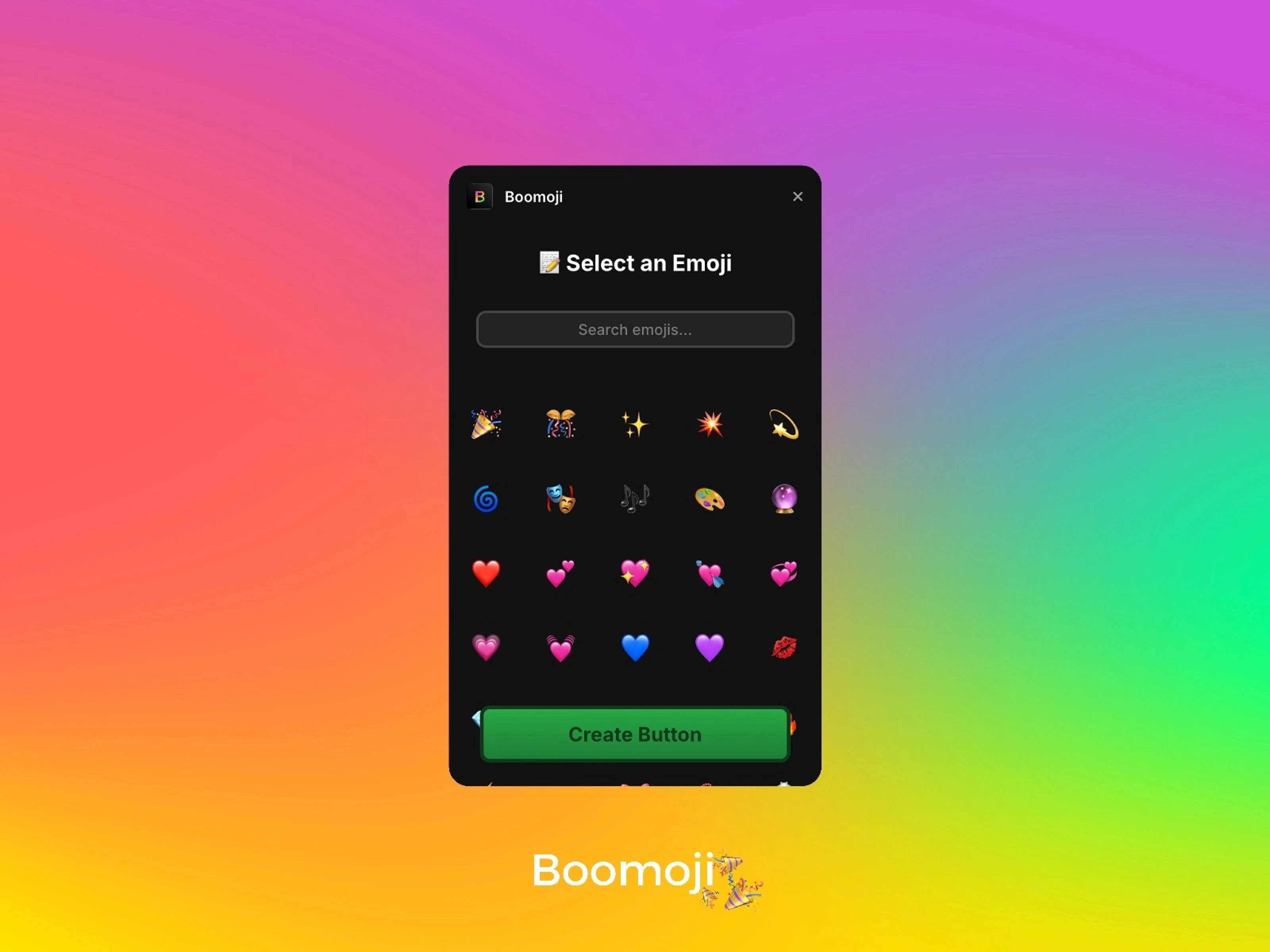 In the Boomoji plugin window with a gradient background displaying various emojis, there is a Create Button at the bottom.