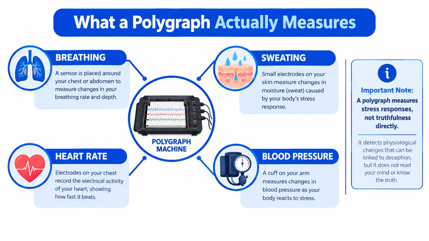 An infographic detailing the four physiological markers measured by a polygraph machine to assess stress responses.