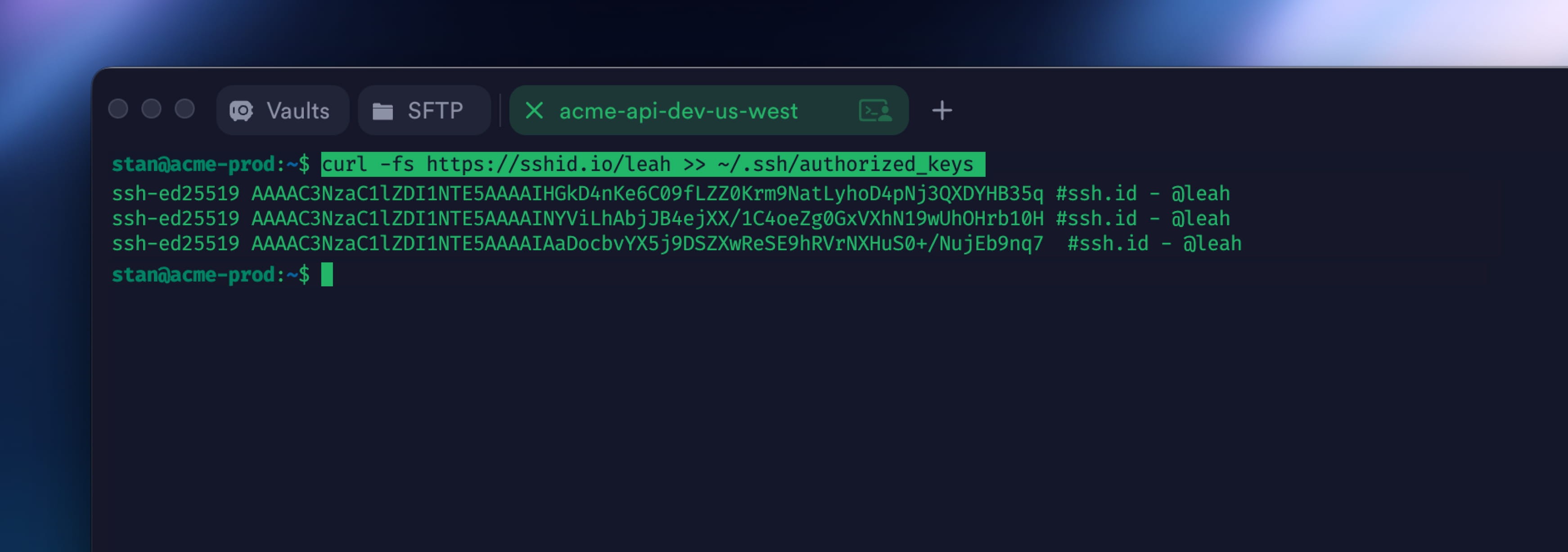 Add your public keys to your servers with one simple curl