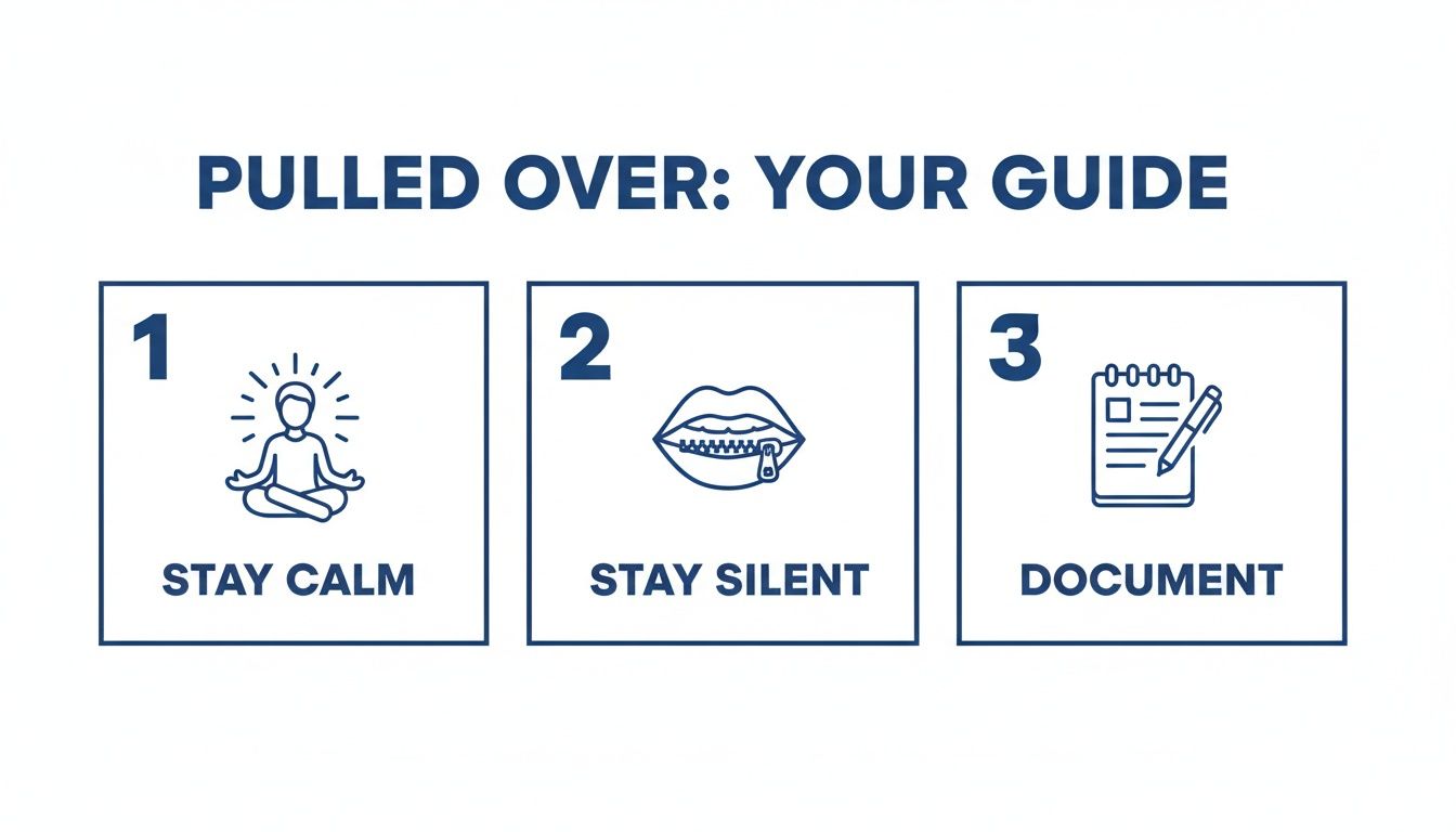 A three-step guide on what to do when pulled over: stay calm, stay silent, and document.