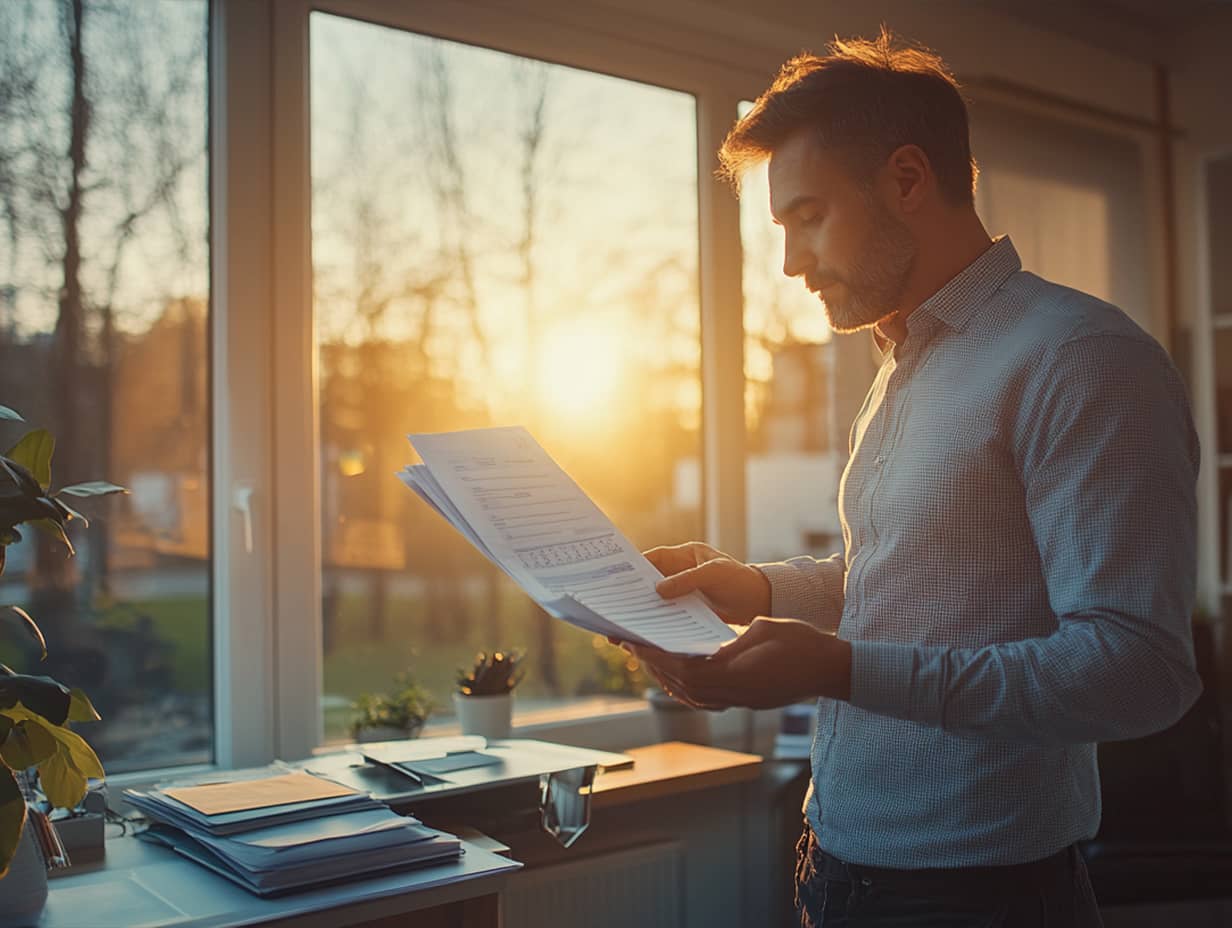 A man stands by a window, reviewing paperwork as the sun sets, reflecting the connection between sleep hygiene and productivity. His focused demeanor emphasizes the importance of effective sleep solutions for working professionals to enhance cognitive performance and decision-making.