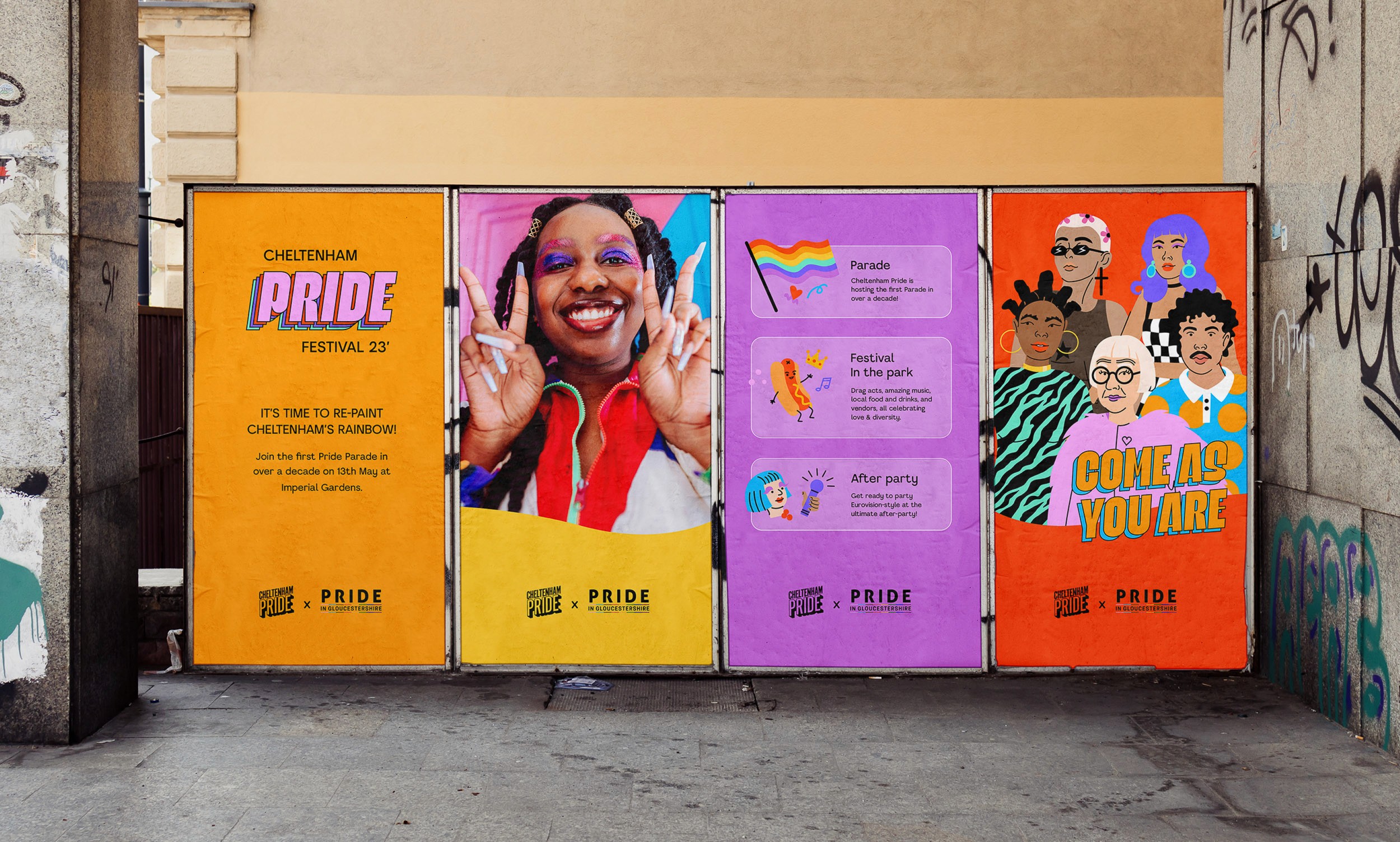 Series of colourful Pride festival posters displayed in a public advertising space, showcasing event branding, campaign design, graphic design and community event marketing.