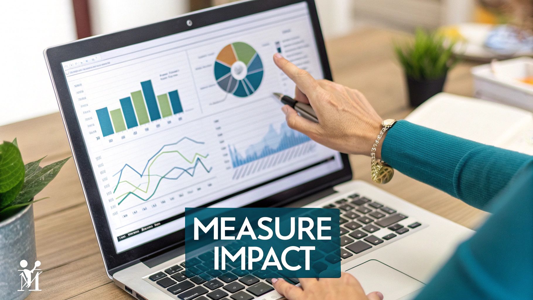A person points at a laptop screen displaying colorful business charts and graphs, with 'MEASURE IMPACT' text overlay.