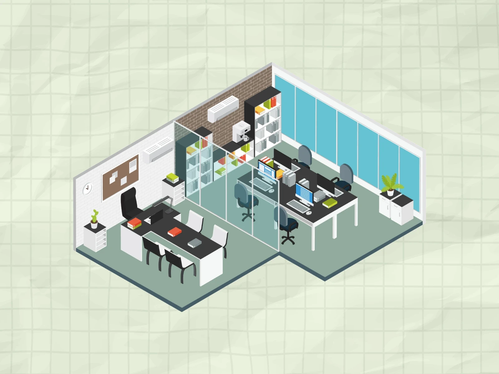 Small isometric office floor plan for startups.
