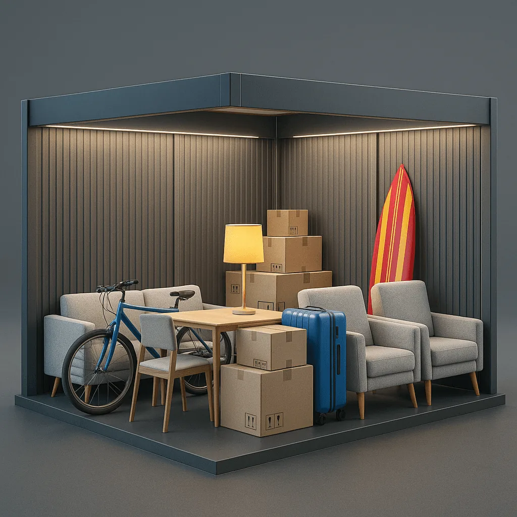 Illustration of furniture, a bicycle, and a surfboard inside a 10x11.5 storage unit