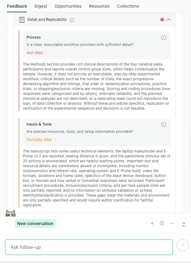 thesify Methods section feedback showing Detail and Replicability with Process and Inputs and Tools rubric cards