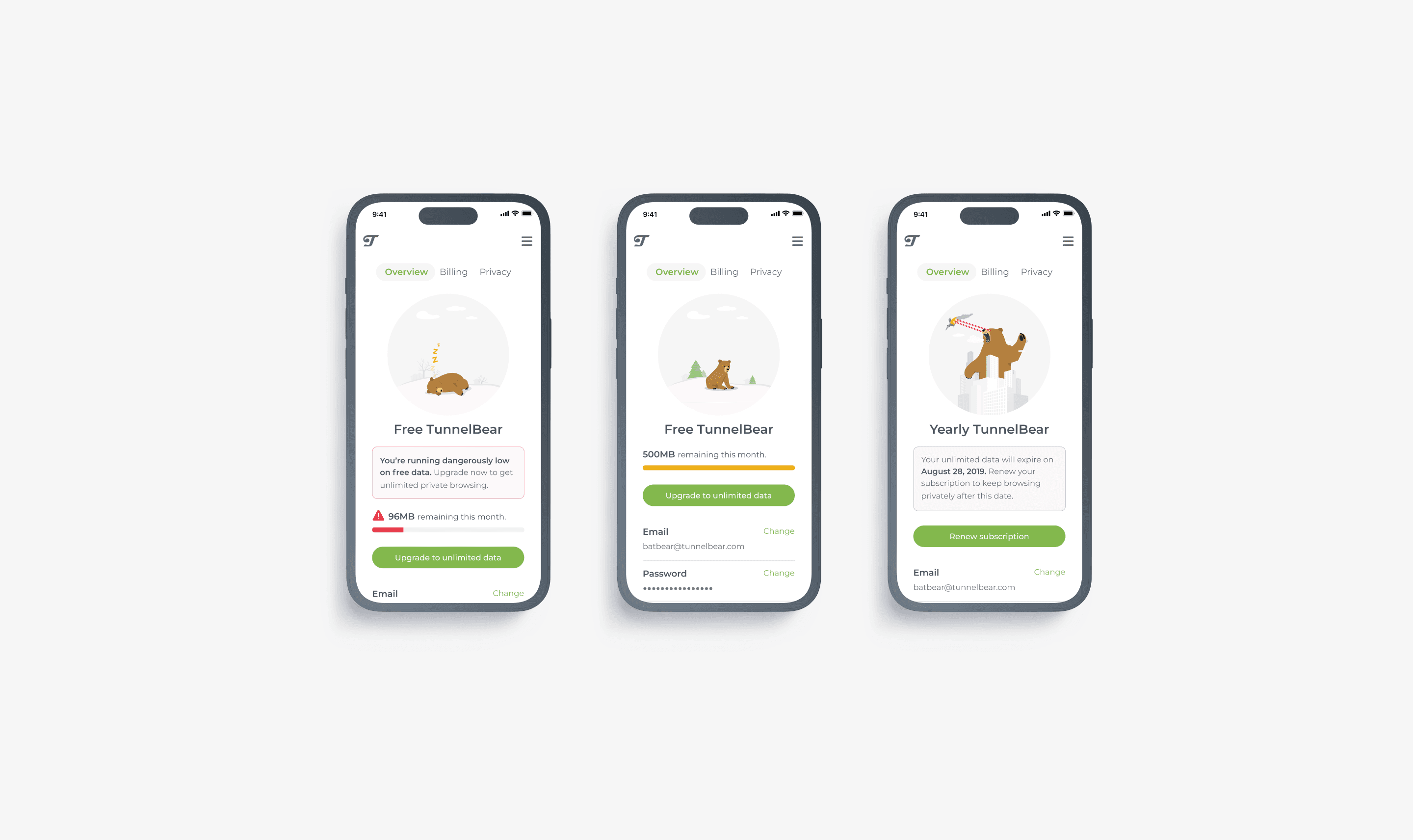 4 screenshots of the tunnelbear account page