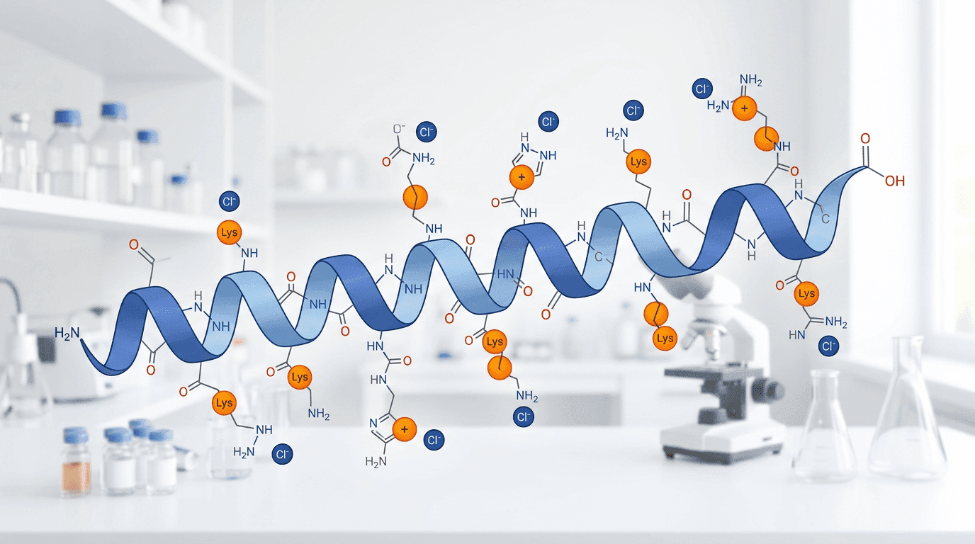 Clean scientific illustration of a peptide chain rendered as a ribbon with highlighted positively charged residues, each paired with a small negatively charged counter-ion sphere.