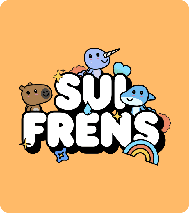 a playful, colorful design featuring the text "Sui Frens" in bold, fun letters. Surrounding the text are cute cartoon characters, including a capibara, a bullshar, and a narwal, along with whimsical elements like clouds and a rainbow. 