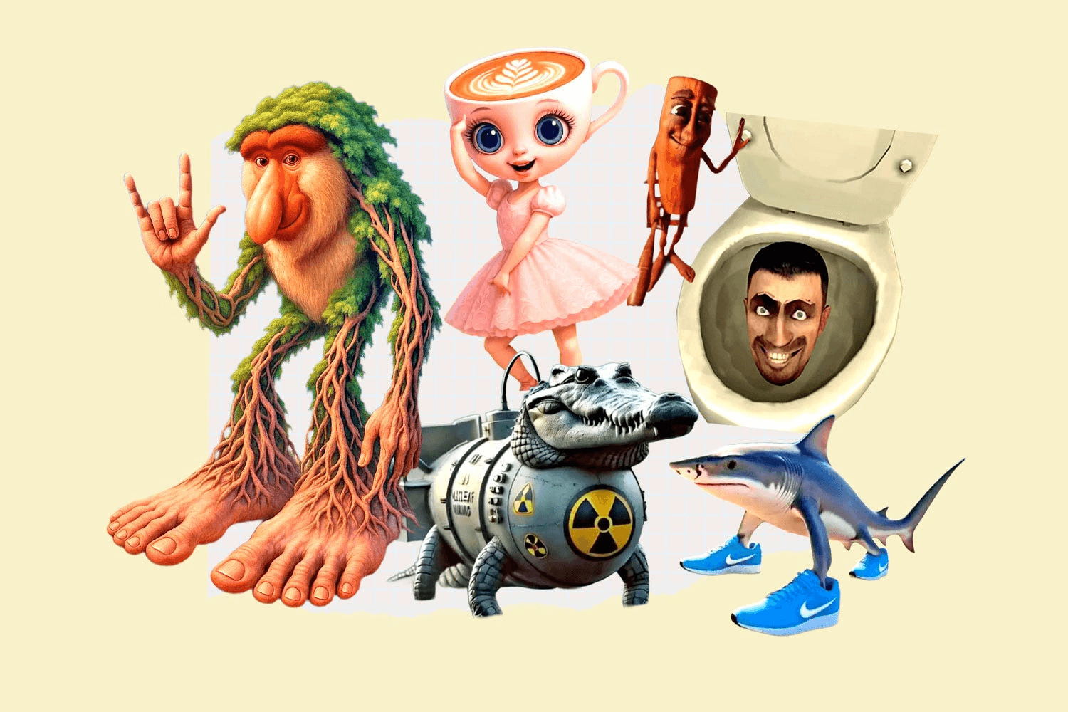 Collage of surreal internet meme characters - Brainrot Examples
