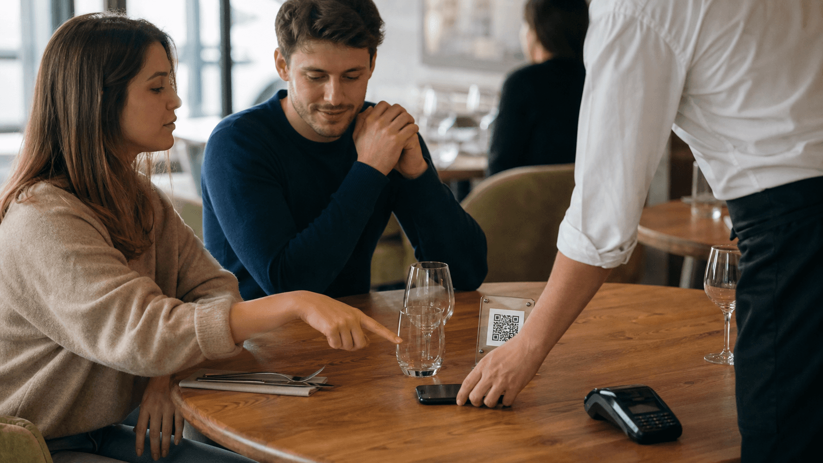 Innovation digitale restaurant : paiement sans attente à table, smartphone éteint et terminal.