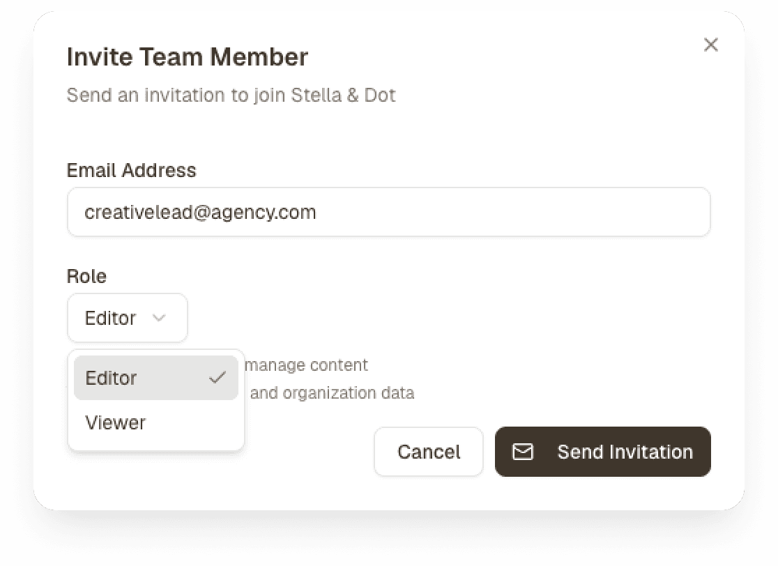 Marklo team permissions panel showing owner, editor, and viewer roles assigned per teammate