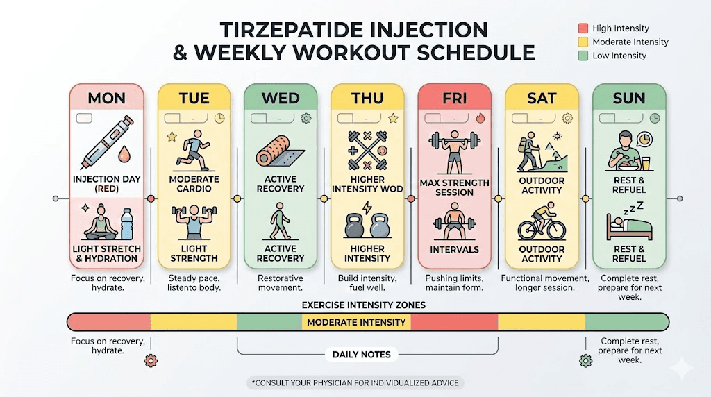 Tirzepatide weekly exercise timing guide with injection day marked