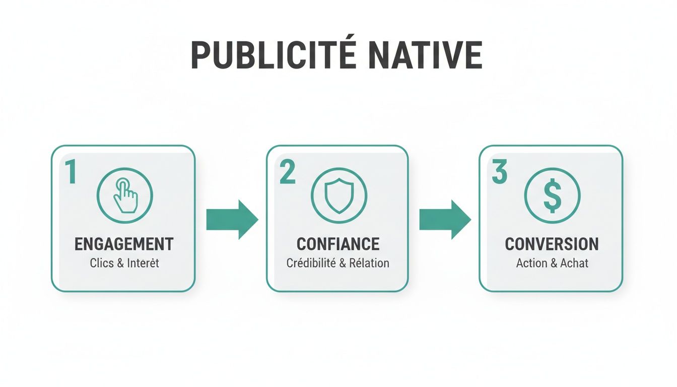 Infographie illustrant les 3 étapes clés de la publicité native : engagement, confiance et conversion client.