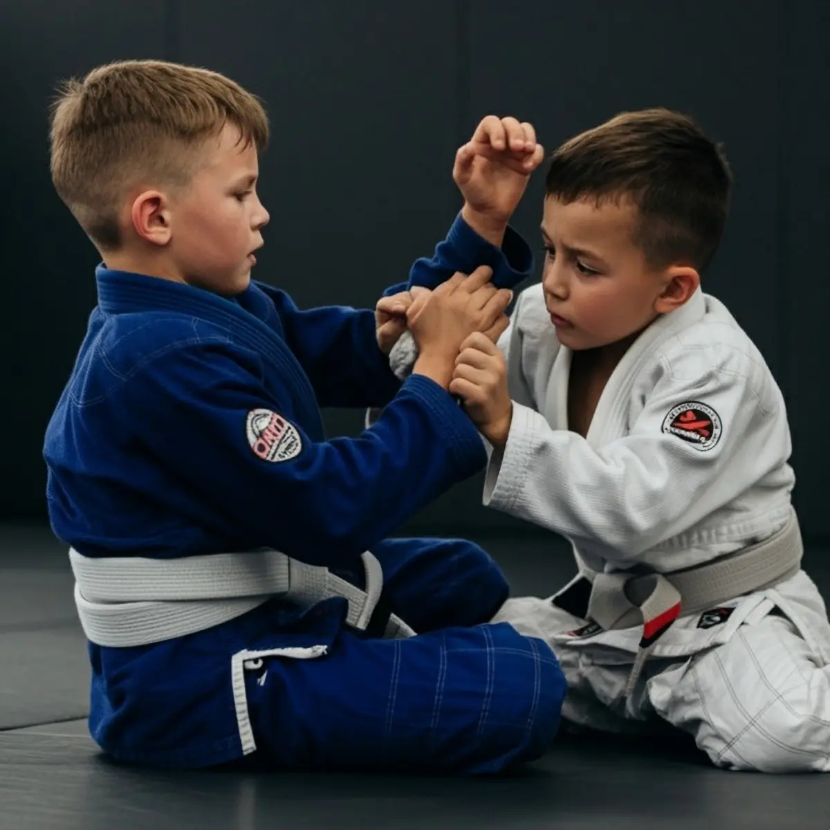 Two children practicing Brazilian Jiu Jitsu together during a kids class