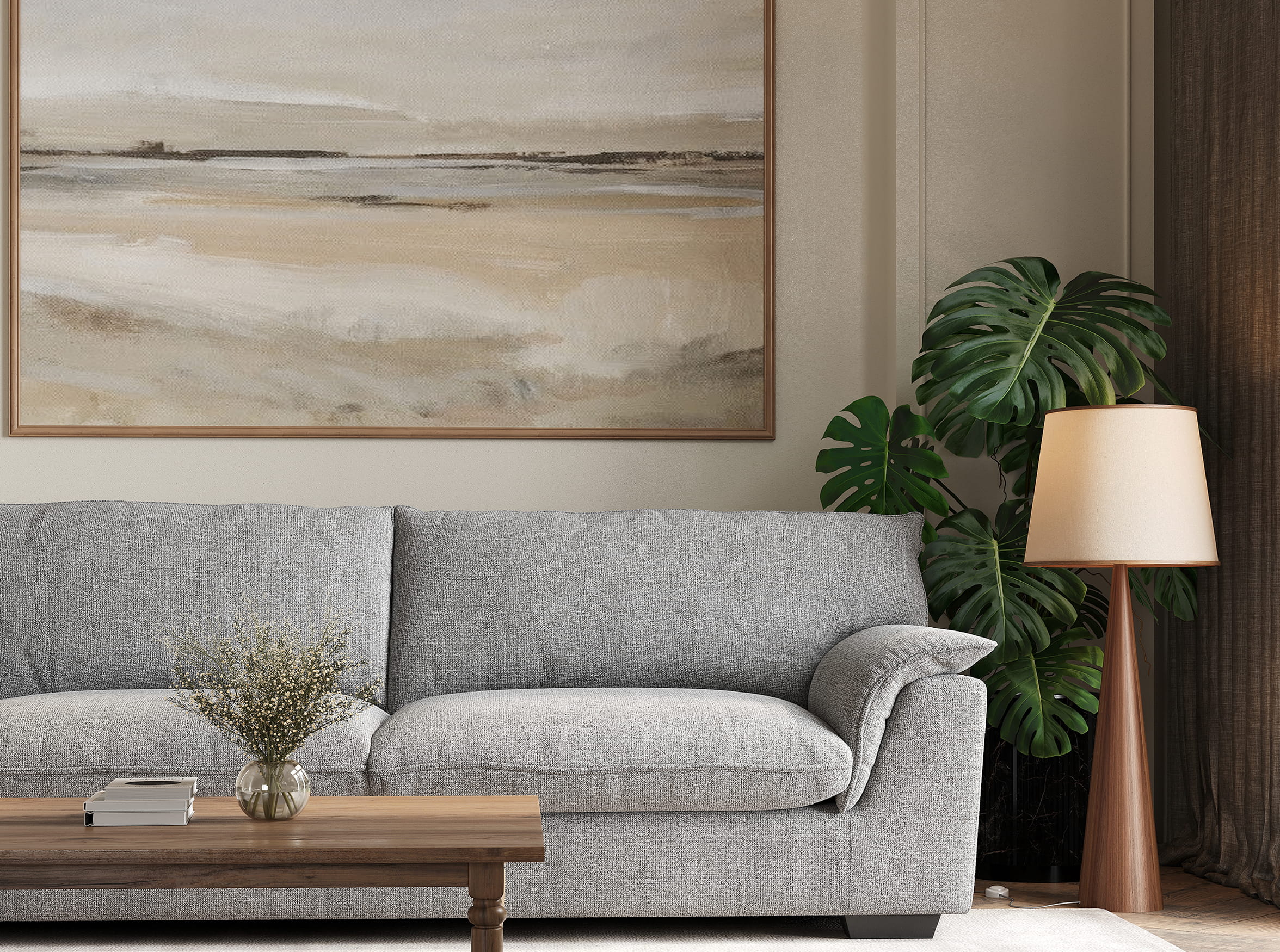 Modern living room 3D visualization with arm sofa, wall art, and indoor plants