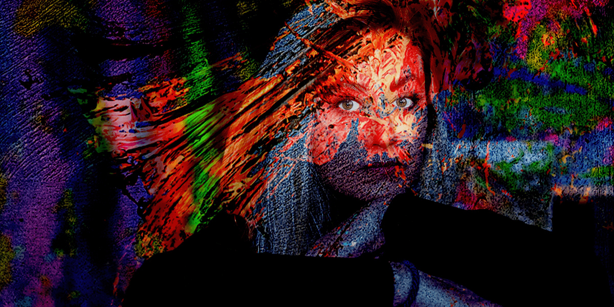 Abstract portrait of a woman overlaid with vivid, expressive paint strokes symbolizing intuition, emotion, and present-moment creativity.