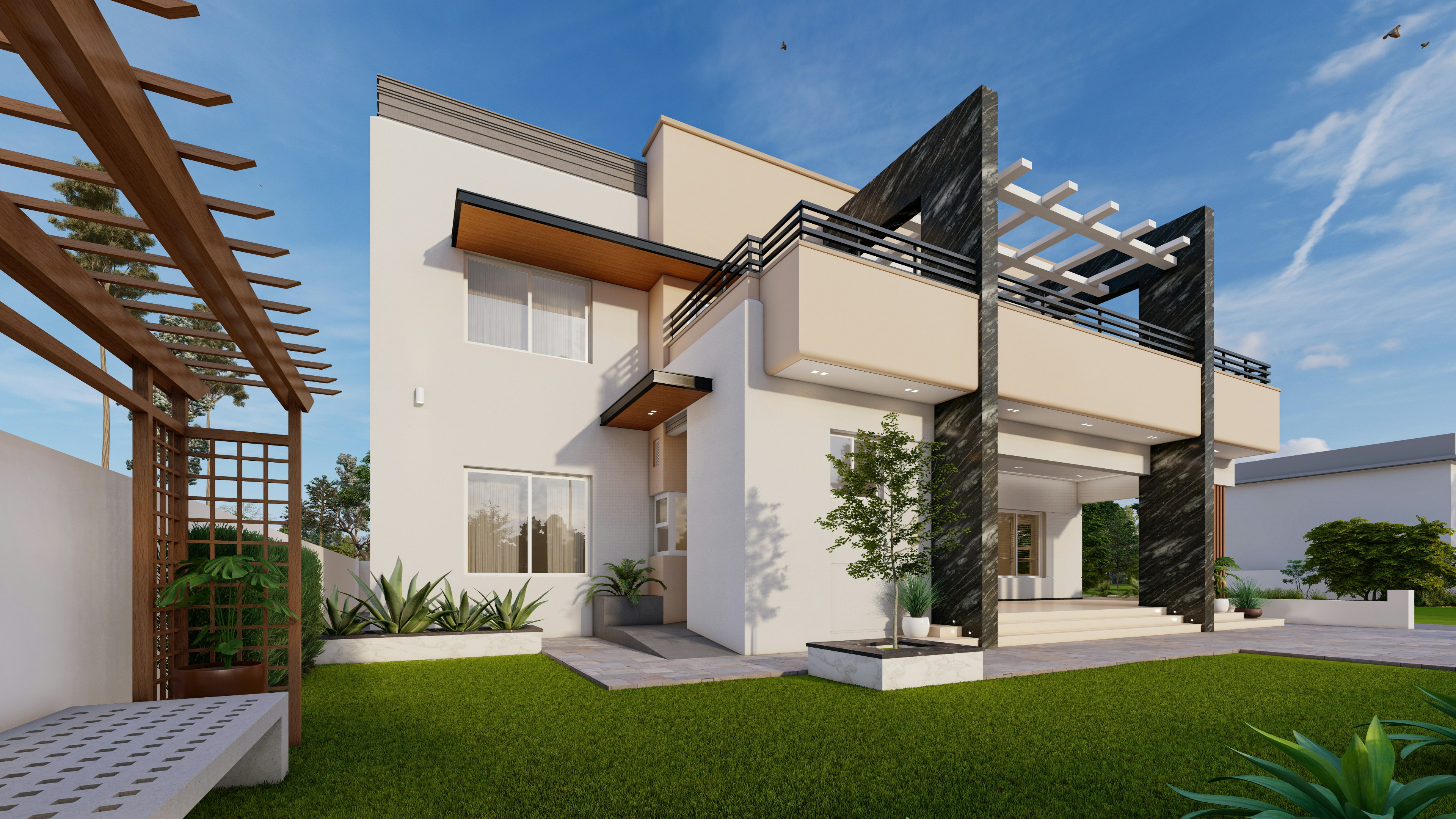 a 3d rendering of a modern house with a pergolated roof