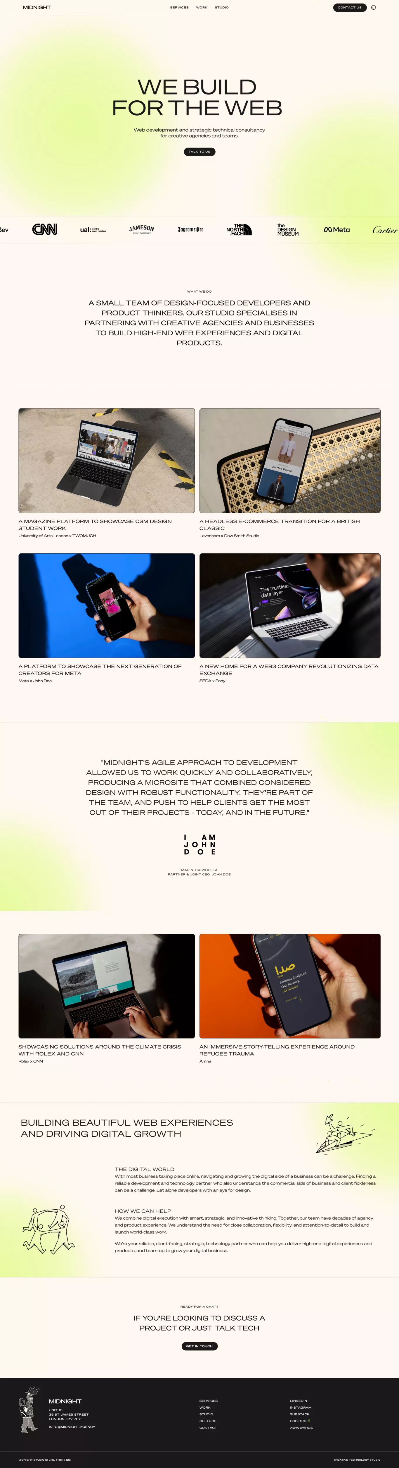 Midnight landing page screenshot showcasing Design and Tech design