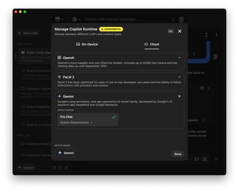Selecting Gemini as your Pieces Copilot runtime.