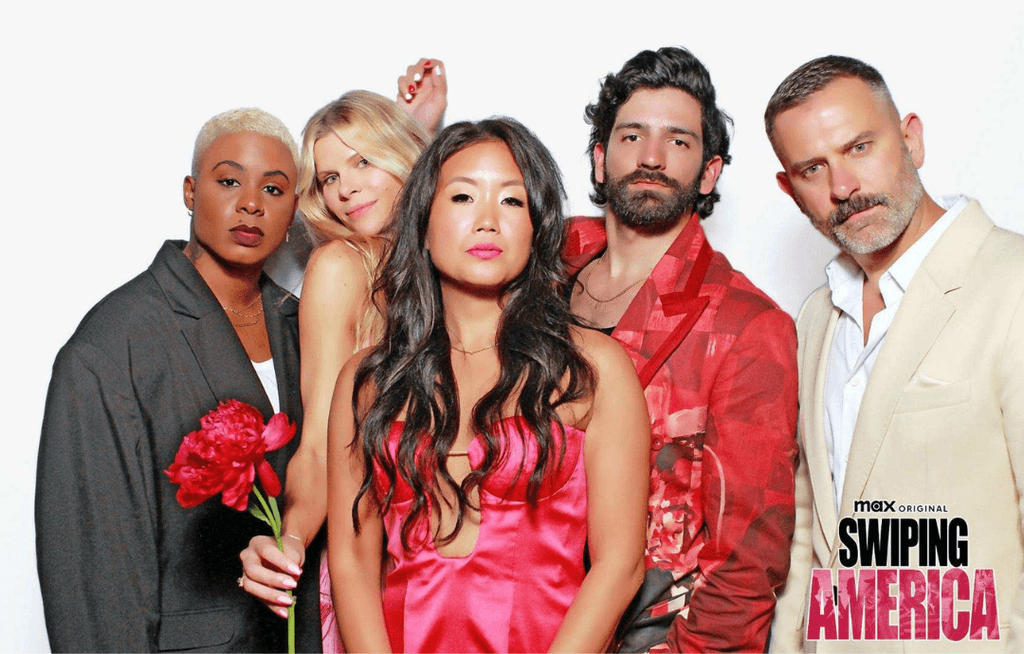 The cast of Swiping America poses together, showing various expressions against a plain background.