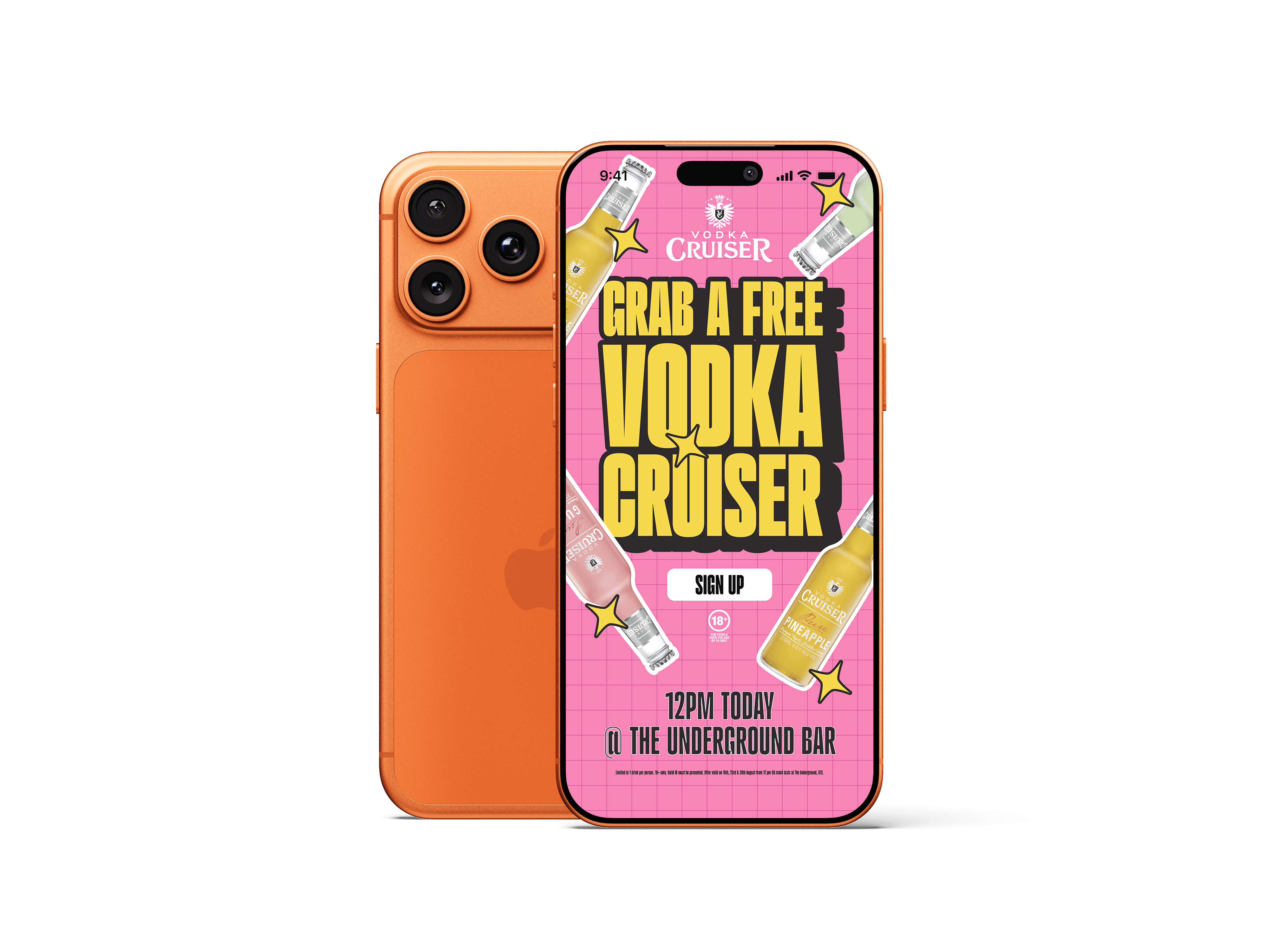 White outline of a classic smiley face followed by the text “Smiley Co” in white serif type on a vivid orange background.