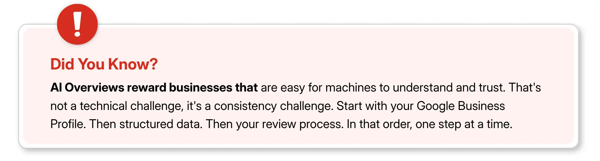 explaining how AI Overviews prioritize businesses with consistent digital profiles and structured data