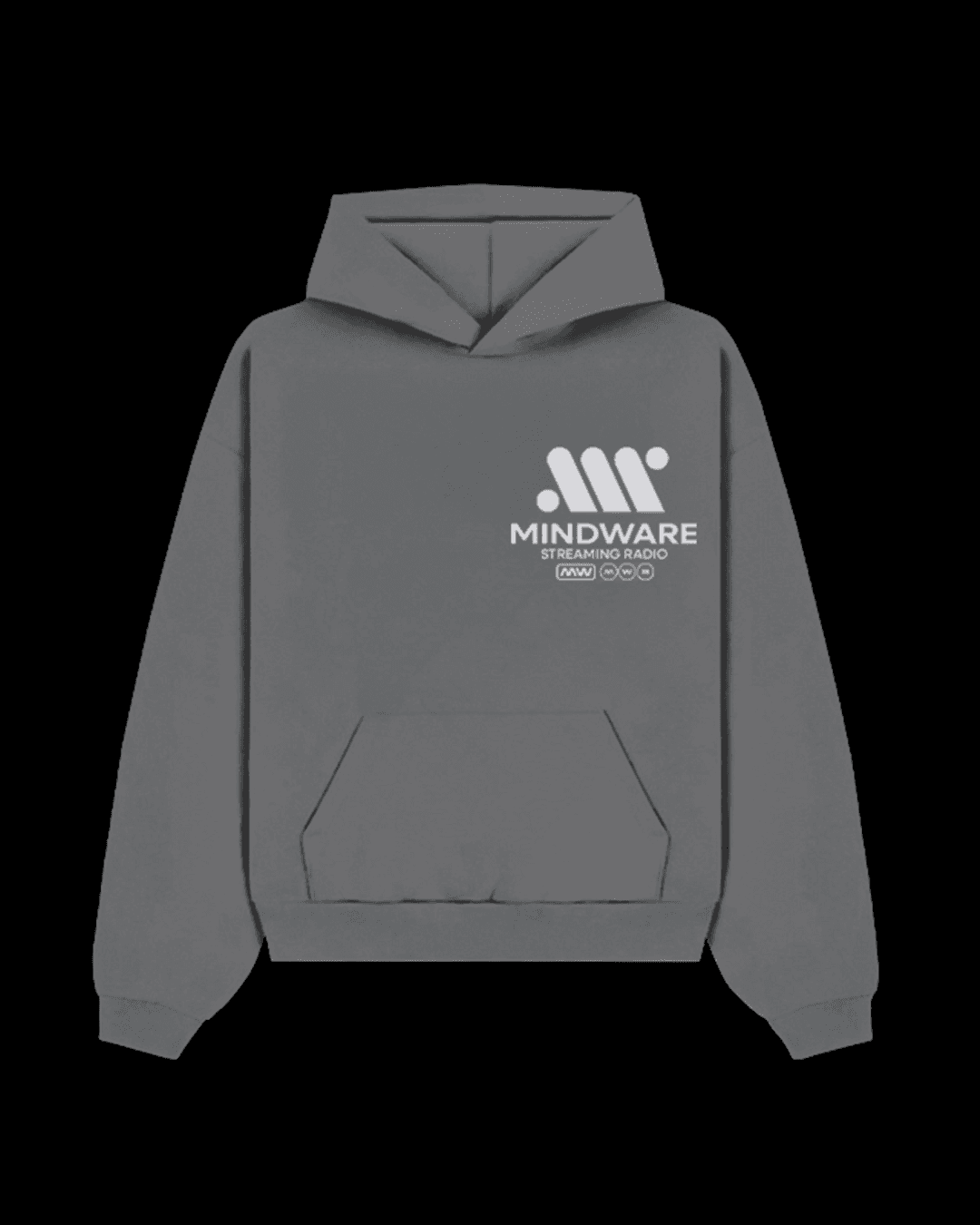 A grey hoodie with a big logo on the front, streetwear style.
