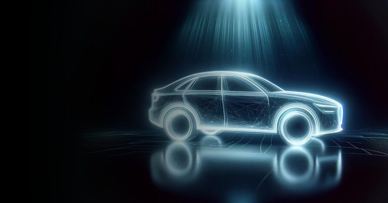 Futuristic glowing wireframe car under spotlight