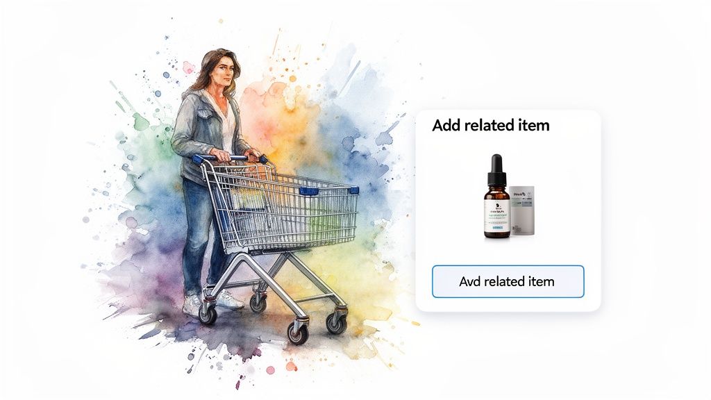 A watercolor illustration of a woman pushing a shopping cart, with a product recommendation for a dropper bottle.
