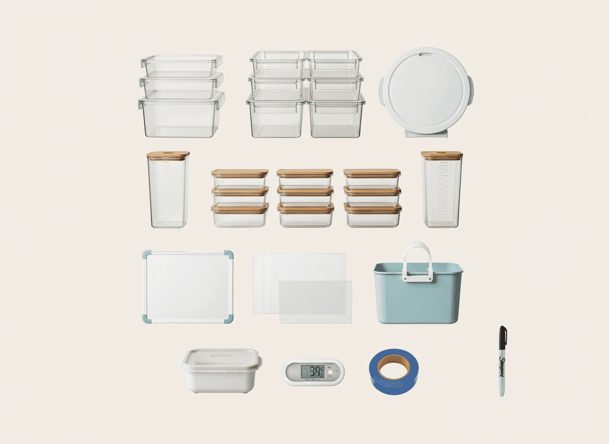 Kitchen and fridge organization essentials including clear plastic pantry bins, airtight glass containers with bamboo lids, round white food storage container, cutting board, food prep mats, blue storage basket, digital thermometer, blue masking tape, Sharpie marker, white food storage box, stackable fridge bins, Lazy Susan turntables, magnetic dry erase board, kid-friendly snack bin, fridge thermometer, removable label shelf liners, and green produce storage containers. Perfect for pantry and refrigerator organization, meal prep, and maximizing kitchen storage space.