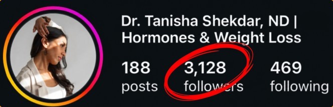 Dr. Tanisha Shekdar, ND Instagram profile on day 1 with 3,128 followers