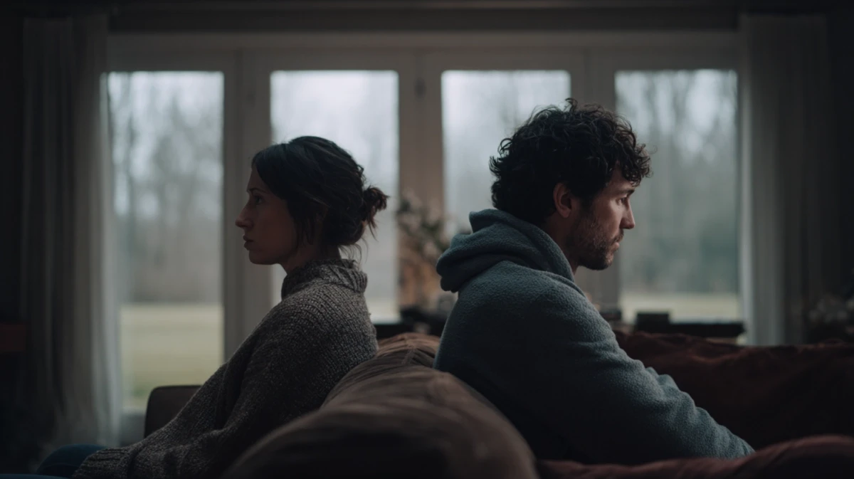 Couple in silent conflict, with avoidant body language.