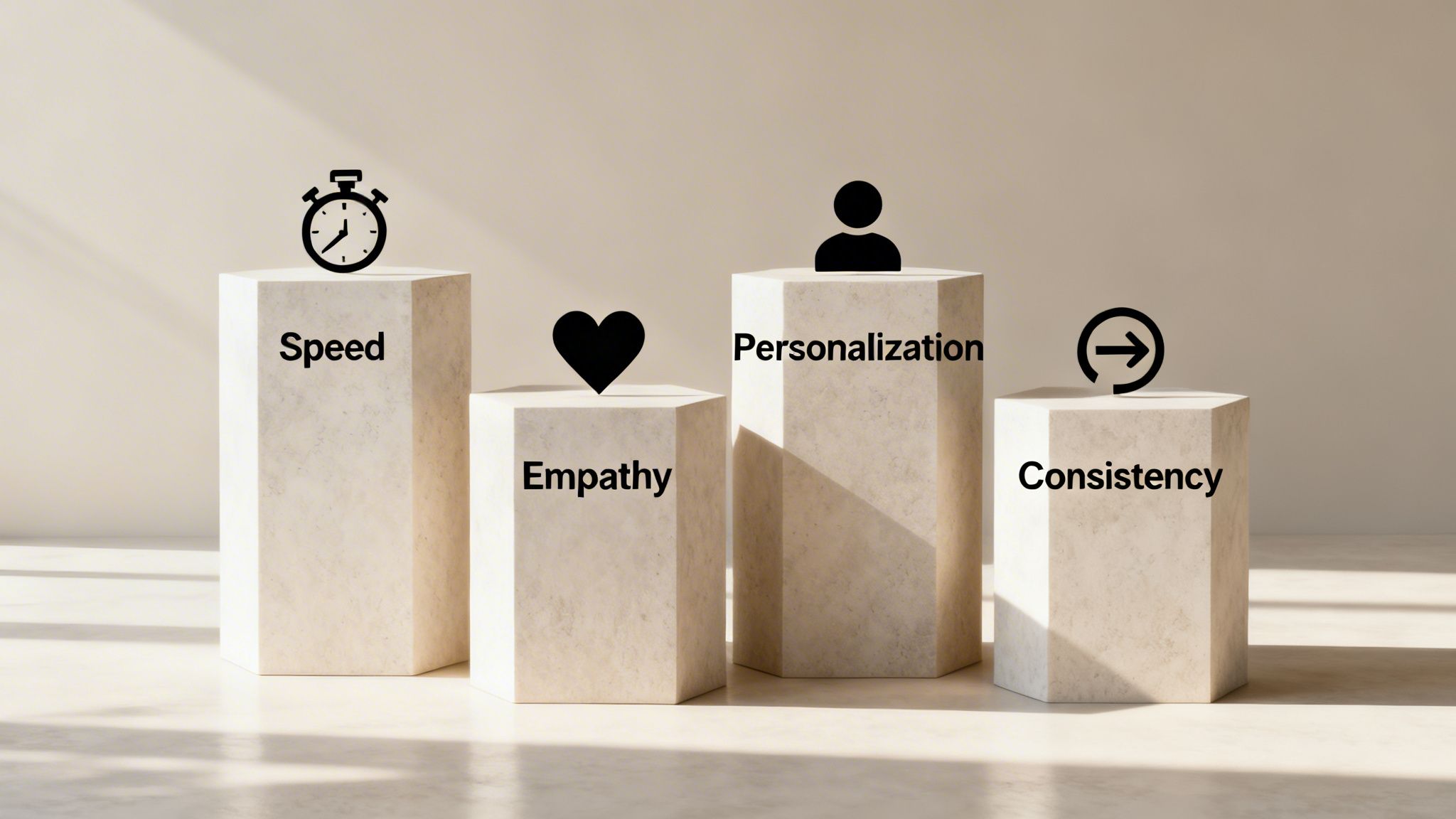Four pedestals display icons and words: Speed, Empathy, Personalization, and Consistency for customer service.
