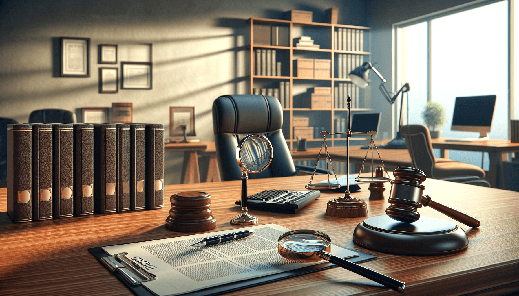 Desk with compliance papers and magnifying glass