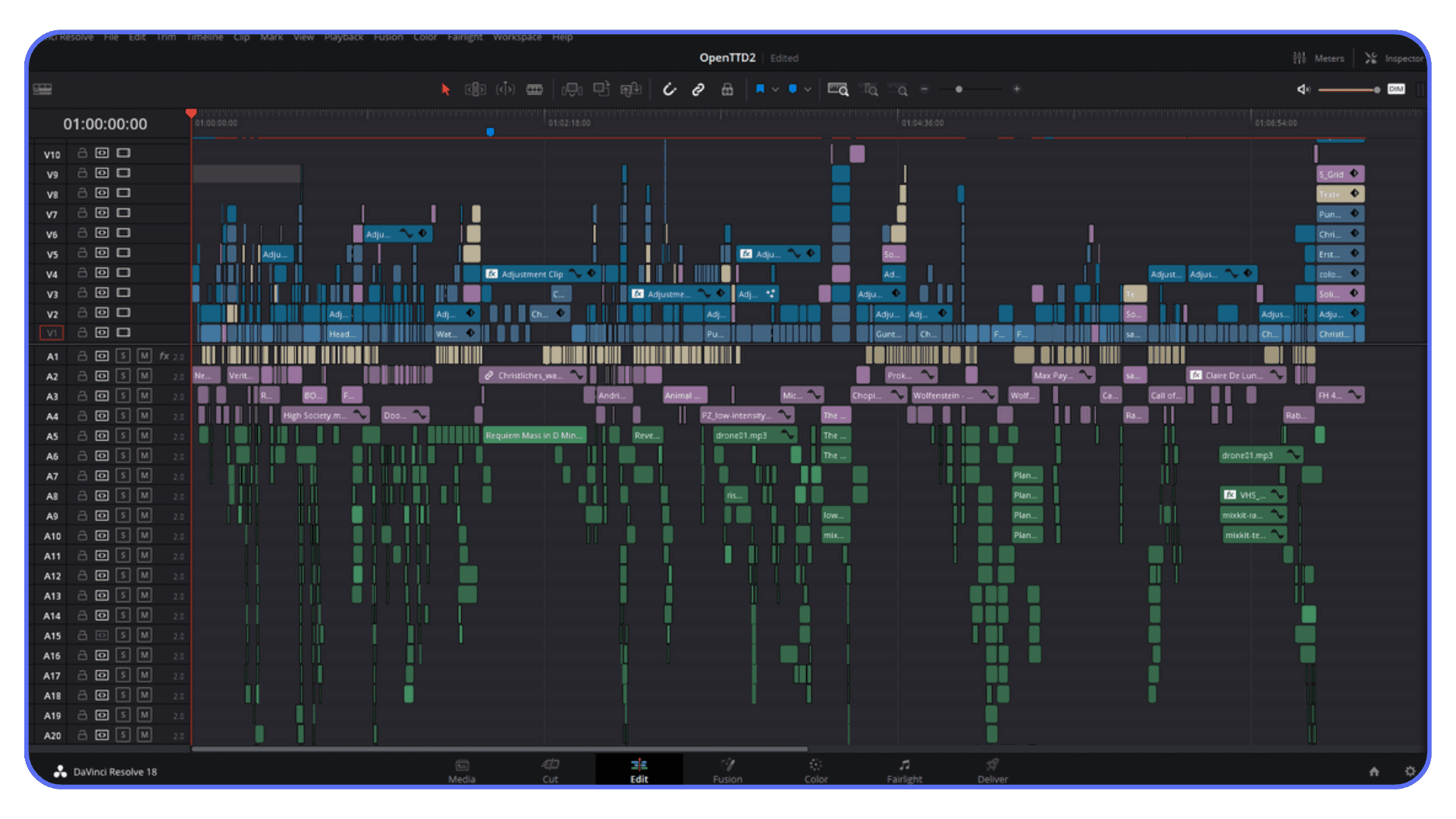DaVinci Resolve timeline filled with dozens of video and audio tracks, showing a dense, multi-layered edit with color-coded clips.