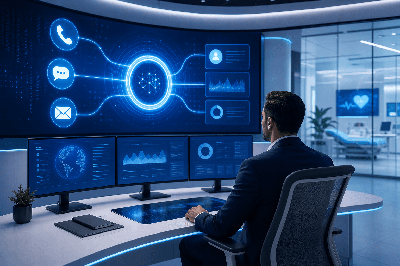 A sleek enterprise operations center with a unified dashboard showing voice, chat, and email channels converging into a single glowing interface. A professional in business attire monitors the screens in a modern fintech or healthcare office environment. Blue and white color palette, clean and minimal aesthetic, conveying speed, compliance, and automation. No text or labels anywhere in the image.