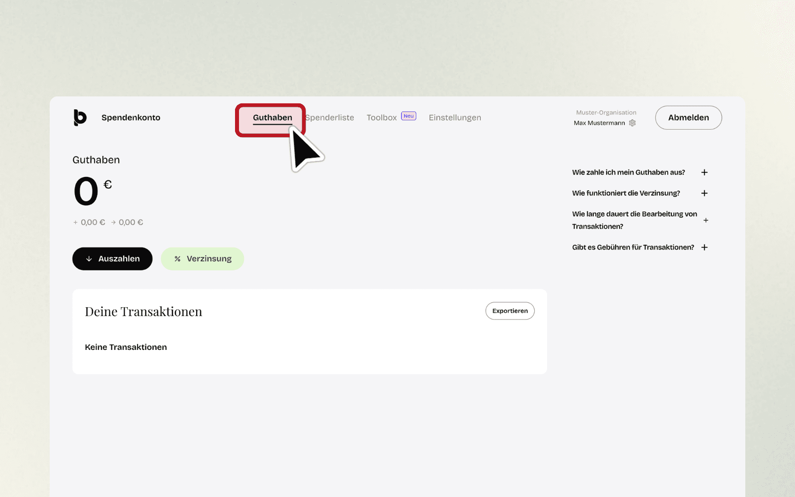 Bereich Guthaben mit Kontostand von 0 Euro, den Buttons Auszahlen und Verzinsung sowie der leeren Transaktionsliste.