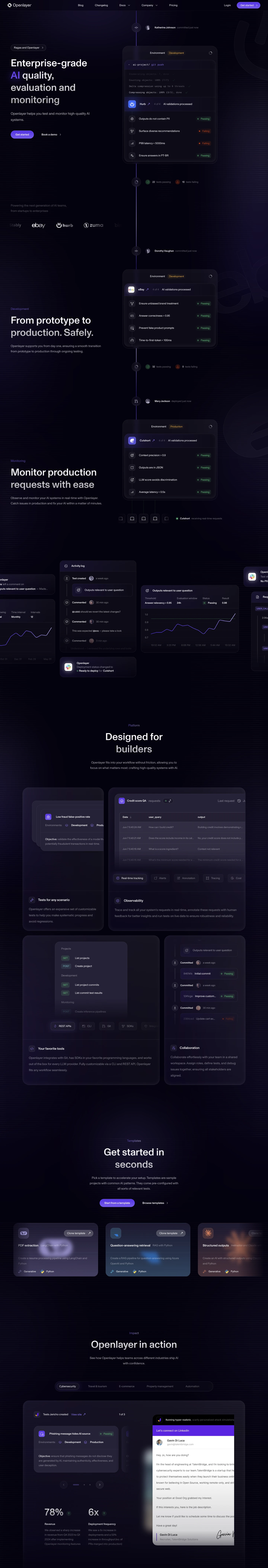 Openlayer landing page screenshot showcasing Development and Tech design
