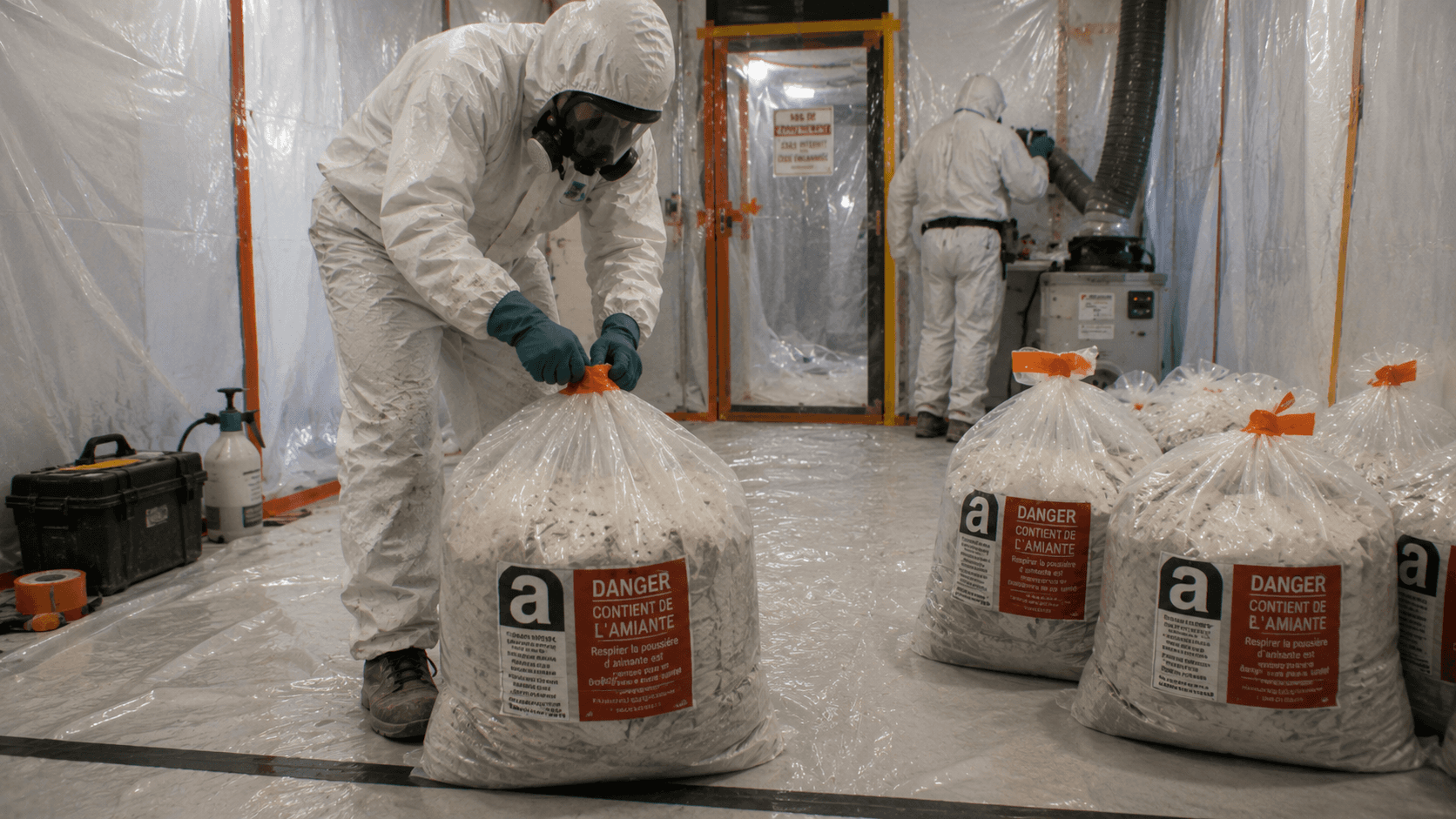 Conditionnement sécurisé des déchets amiantés avant leur évacuation