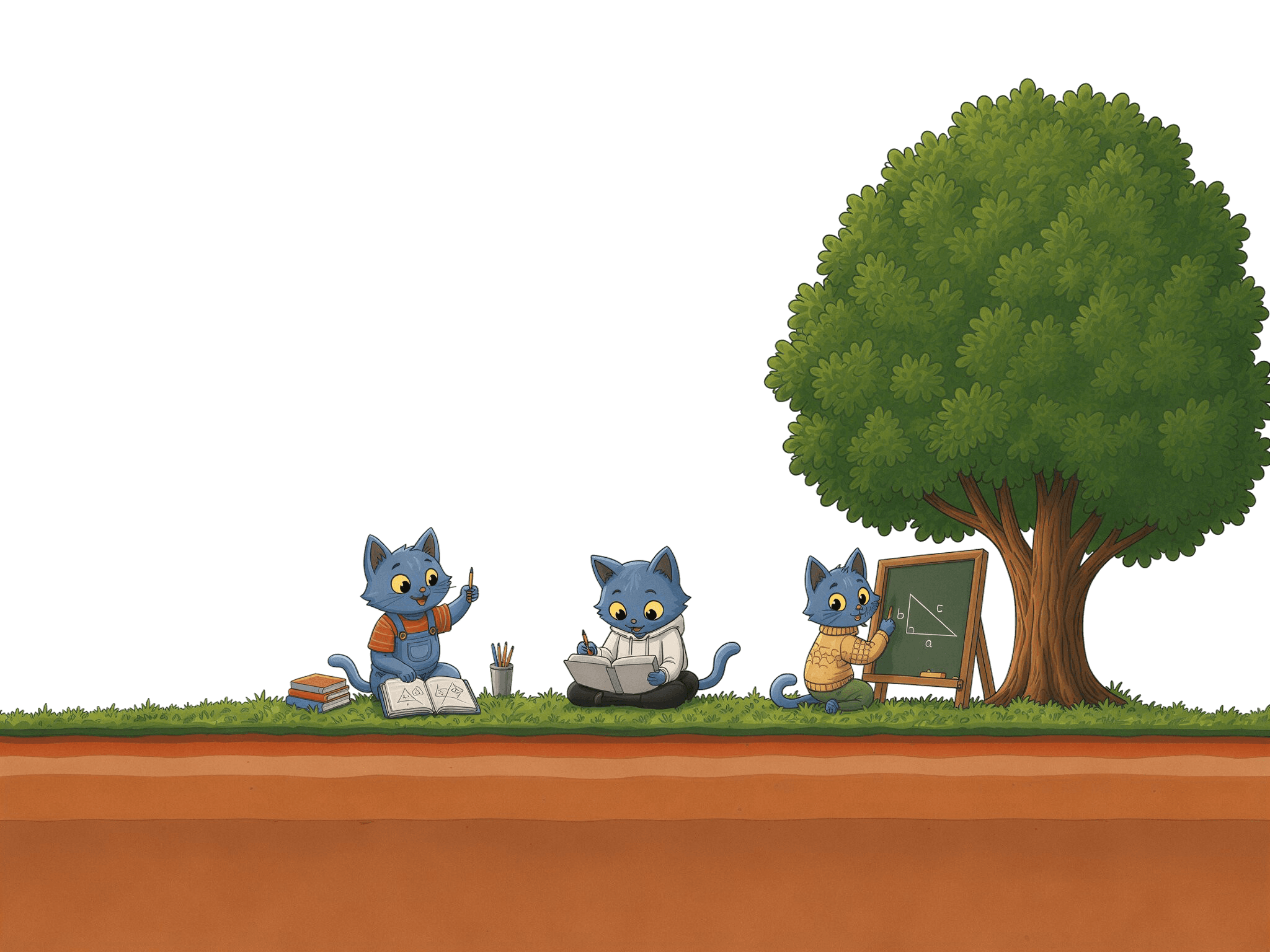 Three cartoon blue cats studying outdoors near a tree: one reading books, one writing, one solving math problems on a chalkboard